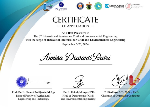 The 3rd International Seminar on Civil and Environmental Engineering (ISCEE) 2024 - Best Presenter